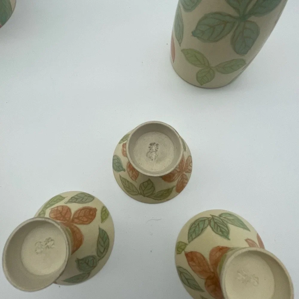 Vintage Otagiri Japanese Sake Tea Set Hand Painted Floral Leaf 6-Piece Ceramic